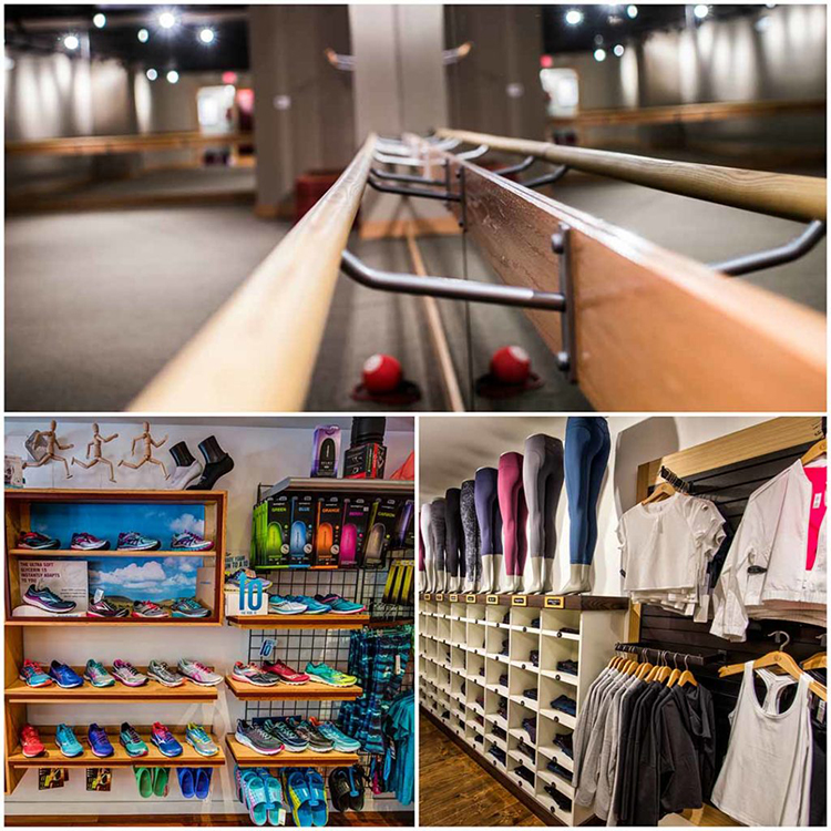 collage of pure barre, running store and lululemon