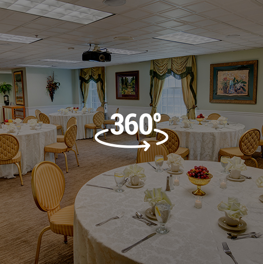 inside the Einstein Room set up for a banquet overlaid with 360 logo