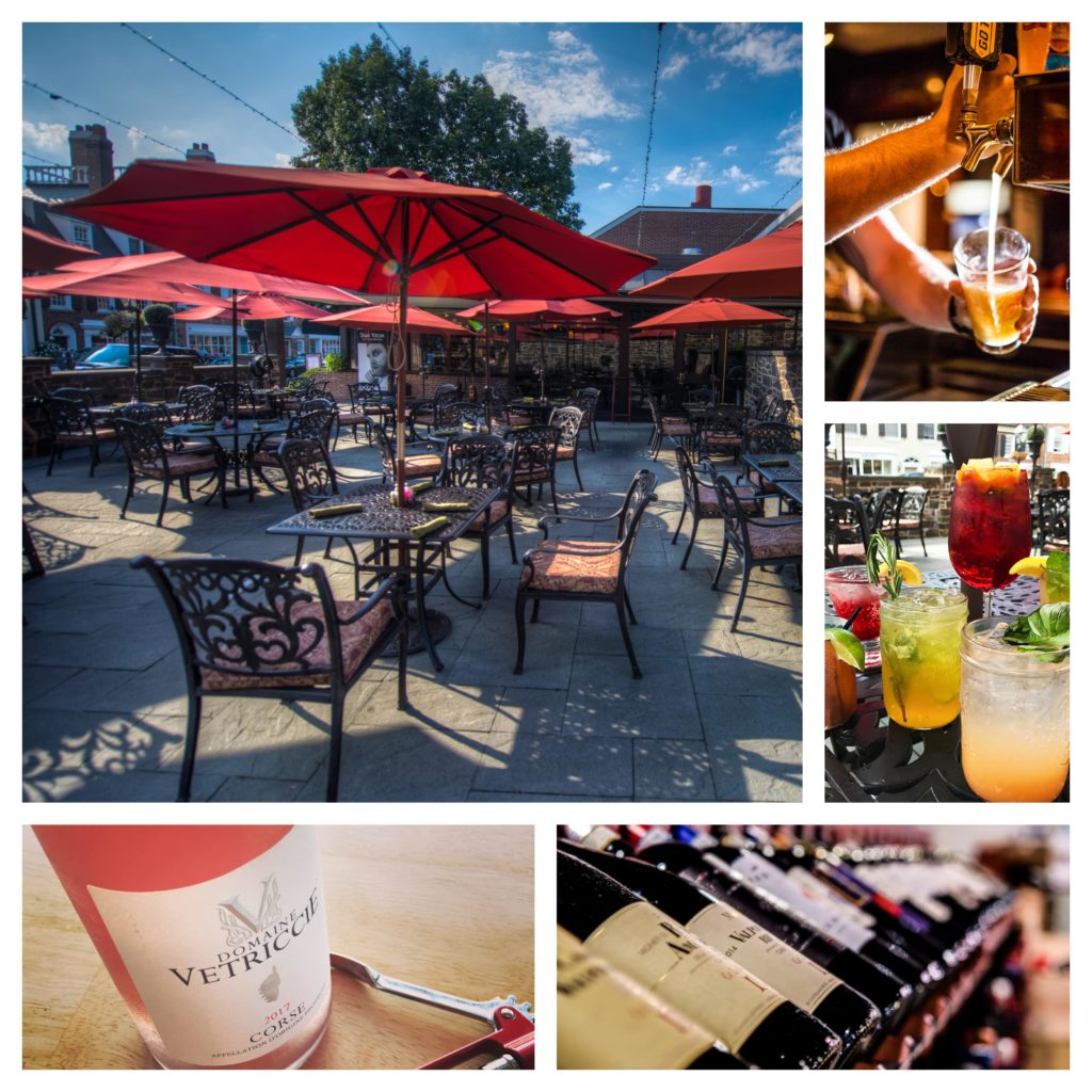 collage of patio seating, wine and cocktails