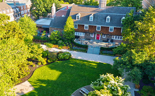 overhead view of Palmer Square lawn and Nassau Inn red door