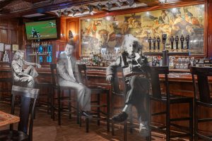 ghosts sitting at the yankee doodle tap room bar in front of a normal rockwell mural