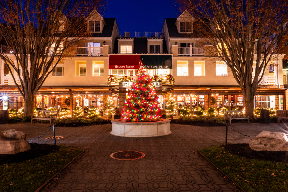 holiday tree with lights in front of Mediterra restaurant at night