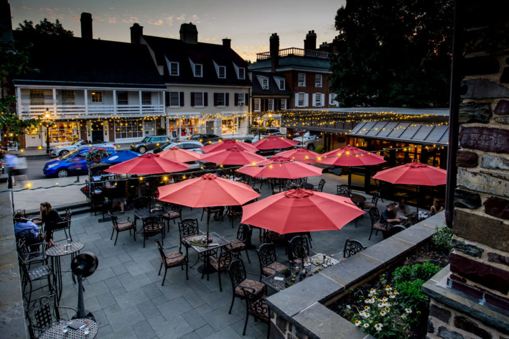 aerial view of Yankee Doodle Tap Room patio at dusk