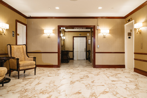 Nassau Inn Lobby, white and gold speckled marble floors