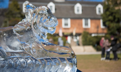 ice sculpture of princeton tiger with Nassau Inn hotel in the background