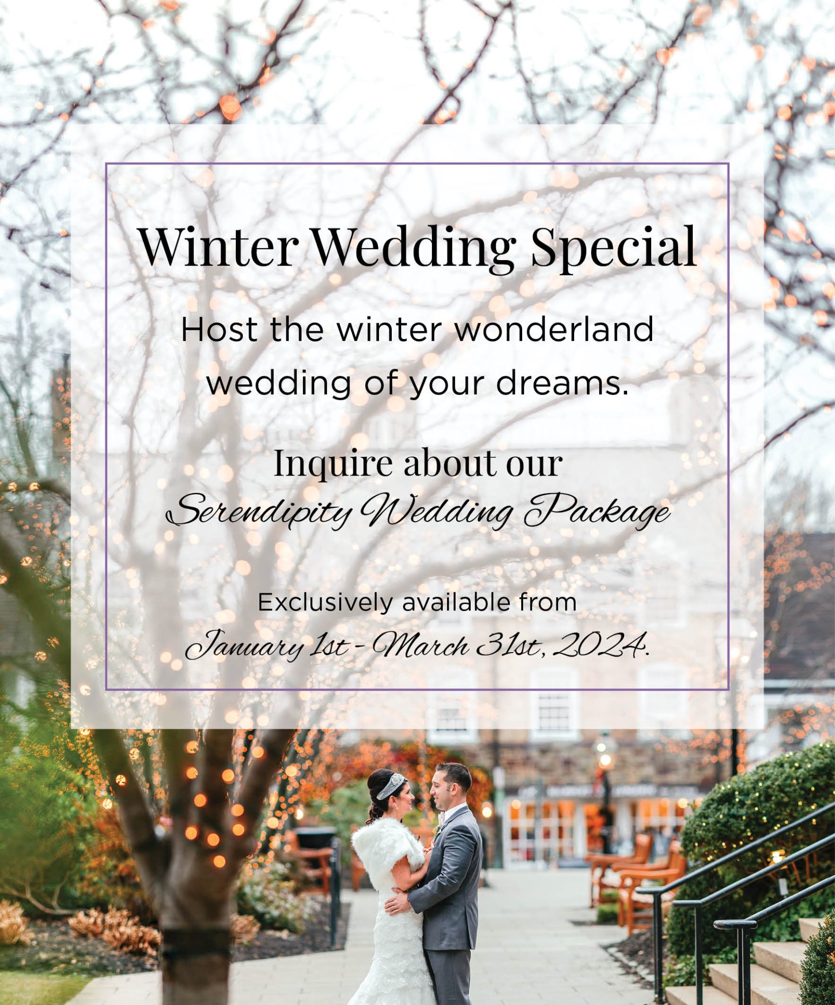 winter wedding special pop-up. Host the winter wonderland wedding of your dreams. Inquire about our Serendipity wedding package. Exclusively available from January 1st to March 31st 2024.