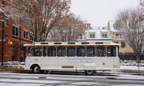 trolley parked on snowy street on Palmer Square, Princeton NJ