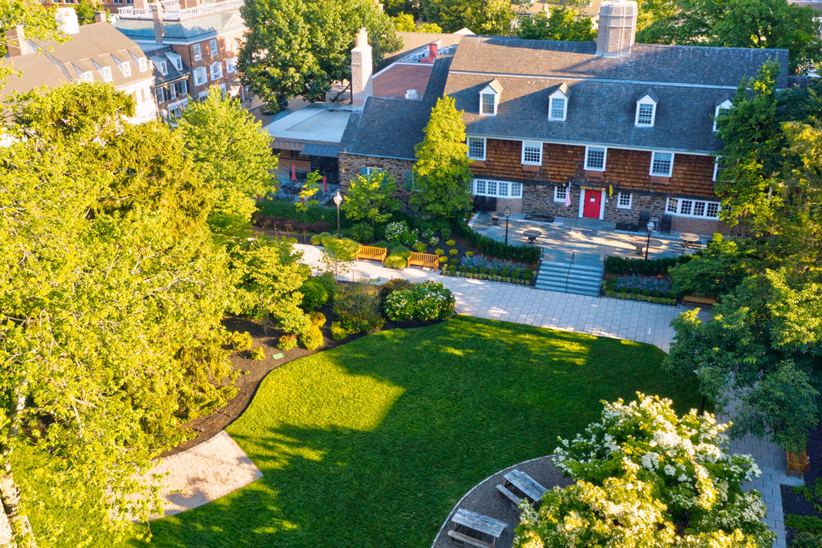 overhead view of Palmer Square lawn and Nassau Inn red door