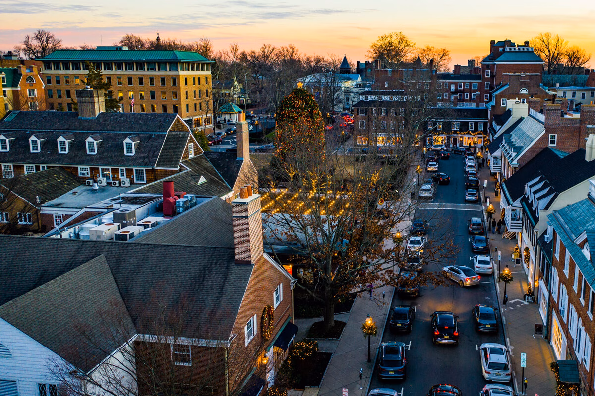 overhead view of sunset going down over Palmer Square West street