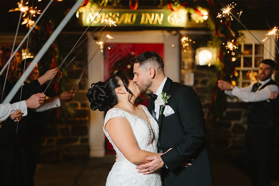 Bride and groom married outdoors at Nassau Inn hotel in Downtown Princeton